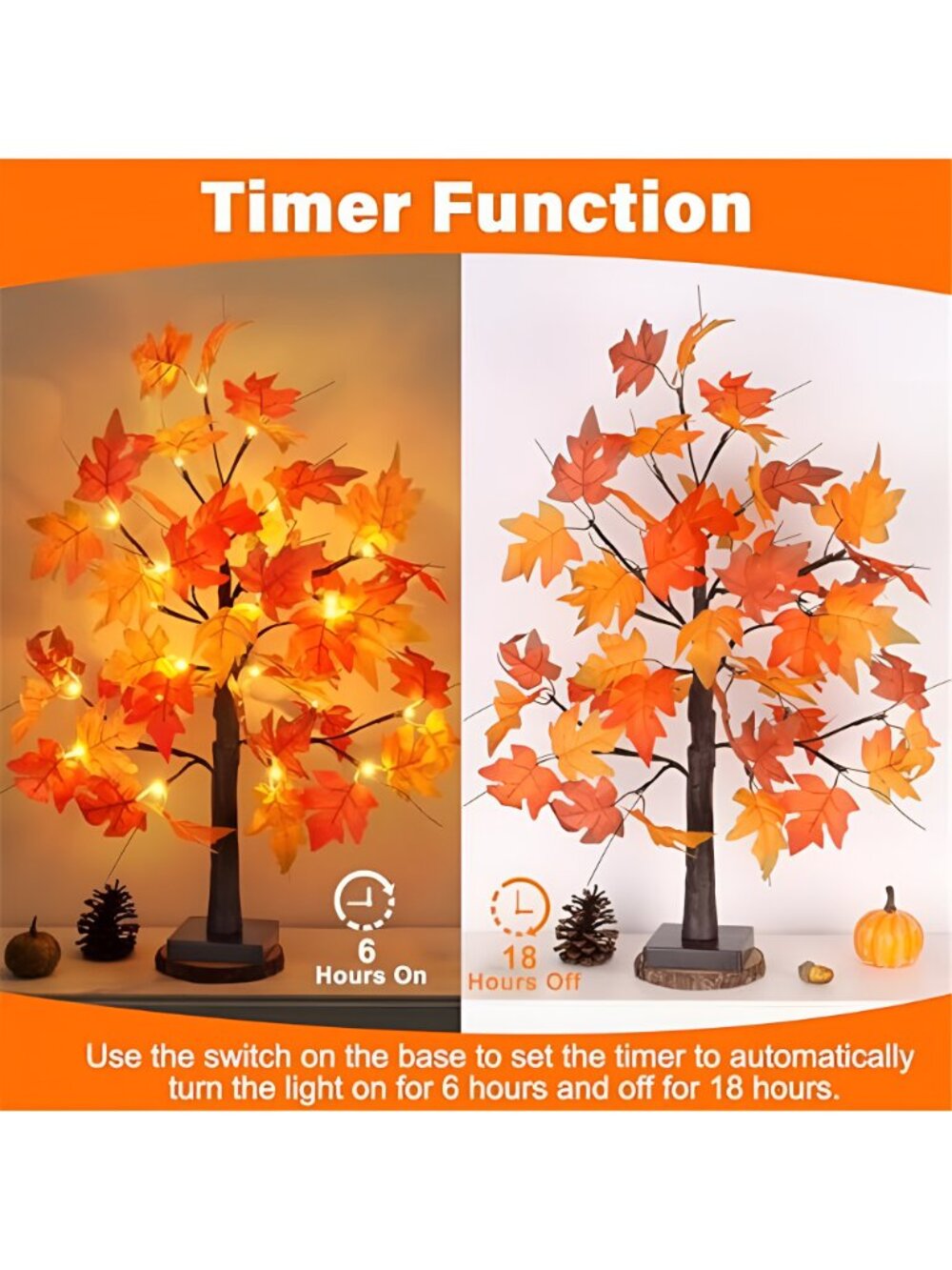 1 Pack 24 Inch Fall Maple Tree with 48LED Battery Operated Lighted Tabletop - Picture 4 of 7